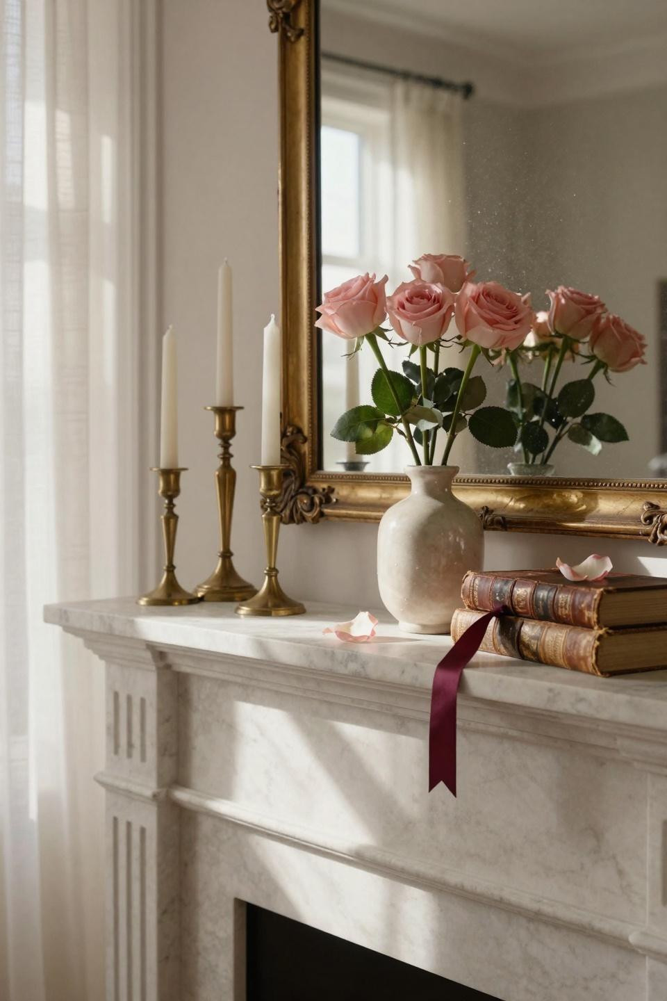 valentines mantle decor - Carrara marble with sculptural brass candleholders