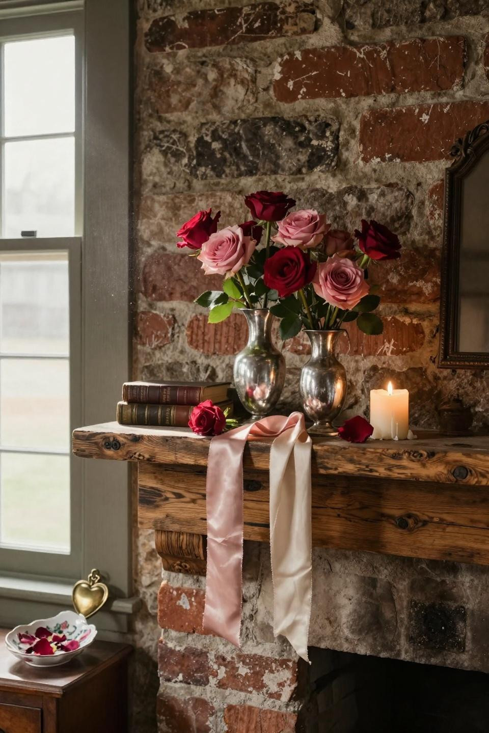 valentines mantle decor - farmhouse mantle with deep crimson roses