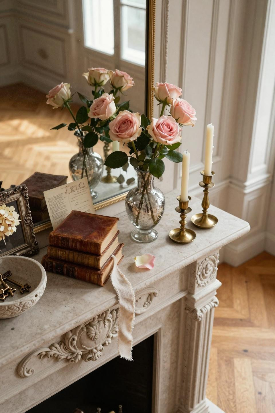 valentines mantle decor - vintage mercury glass vessels with roses