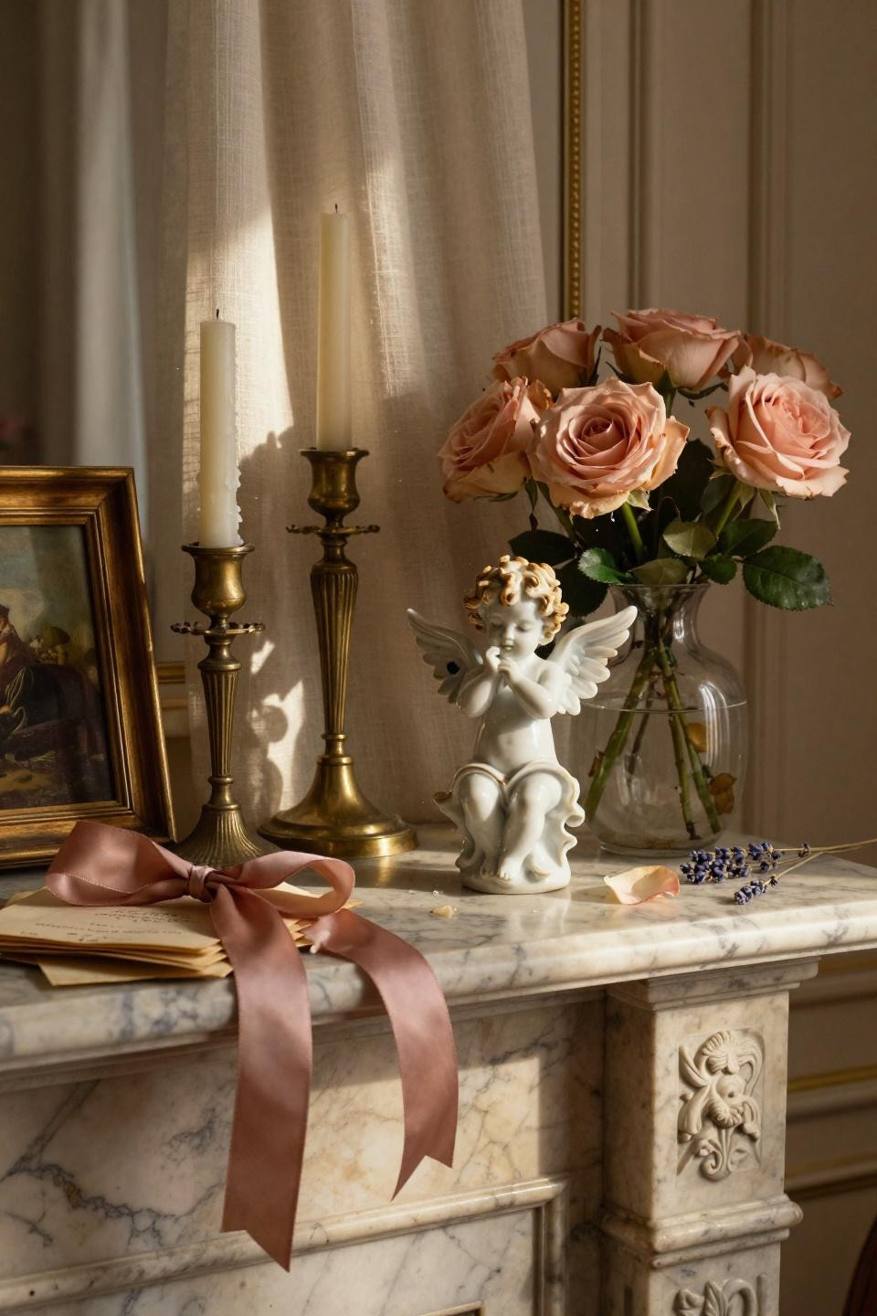 valentines mantle decor - vintage Valentine's with porcelain cherub figurines