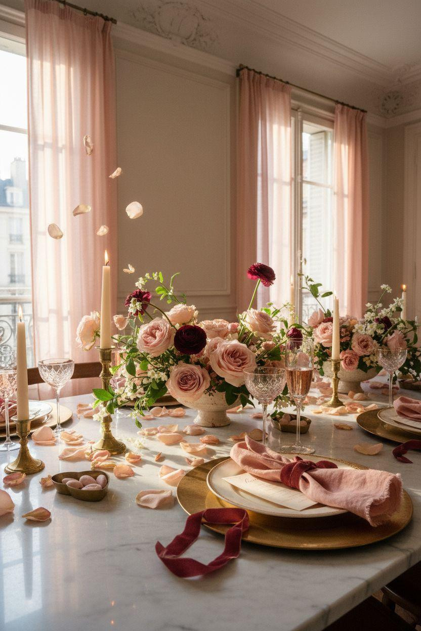 Valentine's party decorations - Galentine's party decor with hand-dyed linen and brass trinket dishes