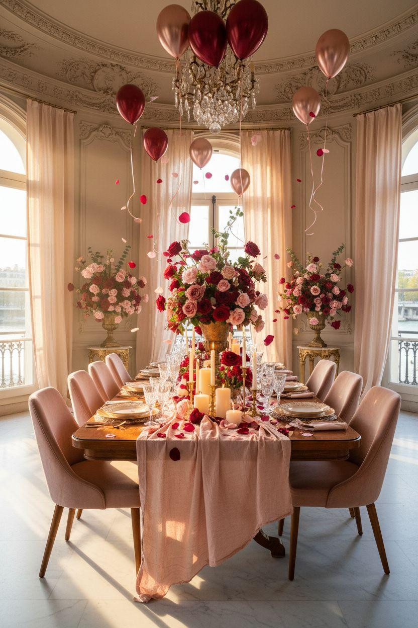 Valentine's party decorations - Valentine's party setup with mahogany table and gold rim chargers