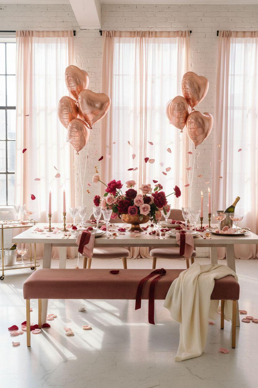 Valentine's party decorations - Galentine's party decor with blush linen and copper vessel