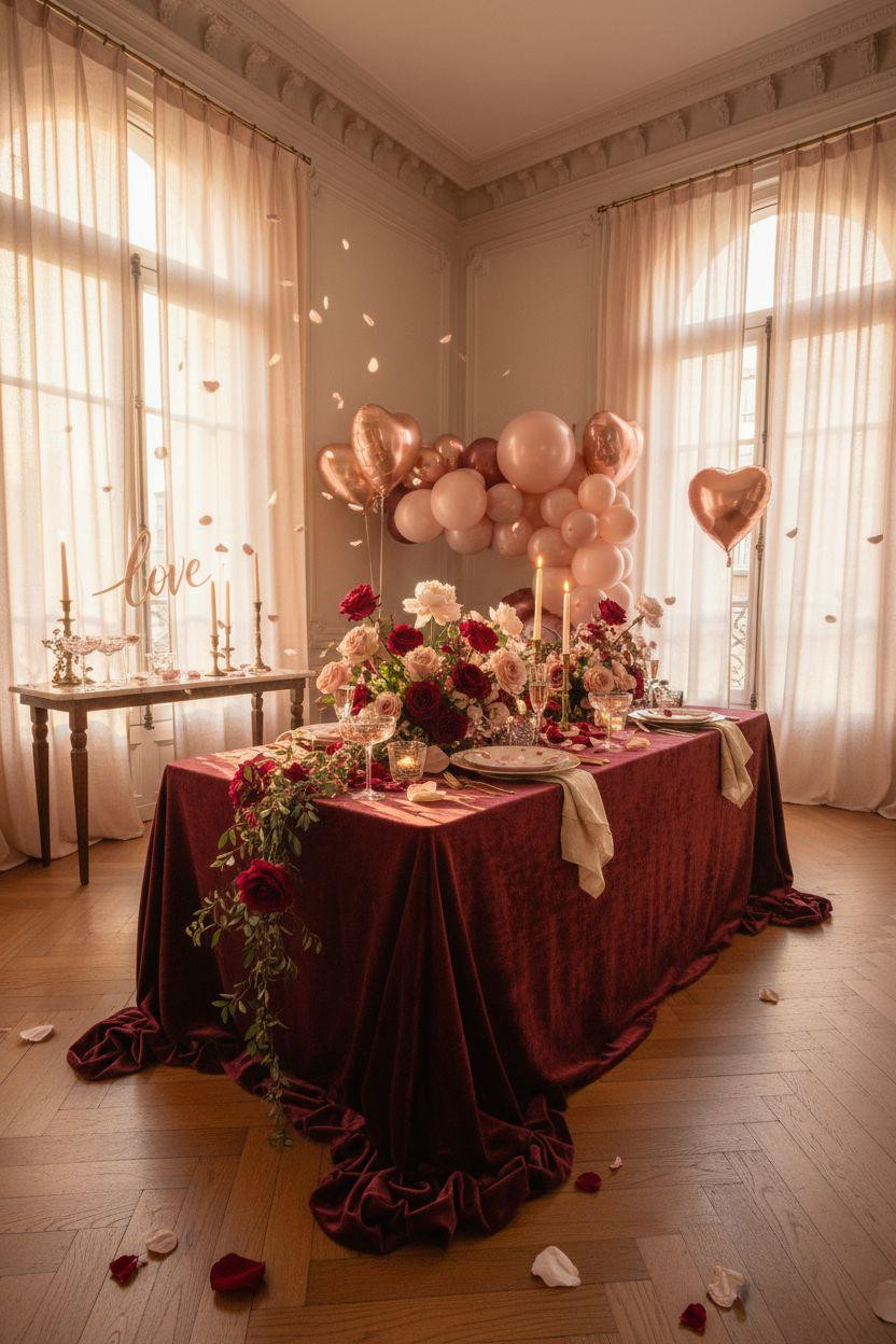 Valentine's party decorations - Valentine's party ideas with crimson roses and rose gold accents