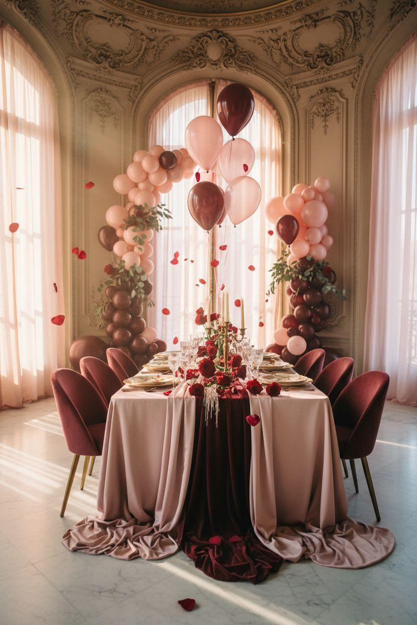 Valentine's party decorations - love party styling with layered silk and burgundy velvet