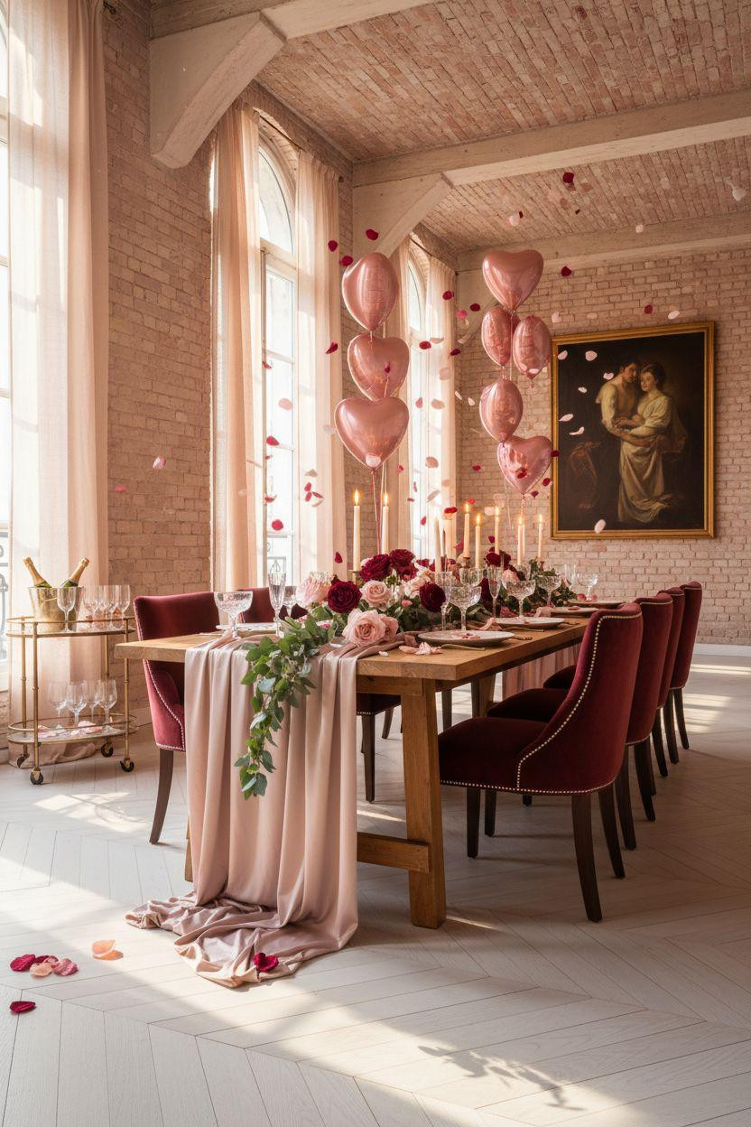 Valentine's party decorations - Valentine's bash decor with floating heart balloons and silk runner