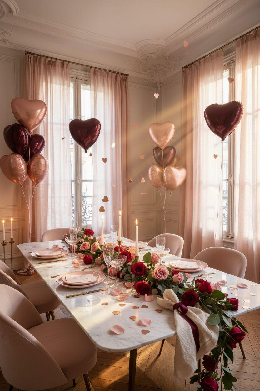 Valentine's party decorations - Valentine's celebration ideas with balloon garland and rose runner
