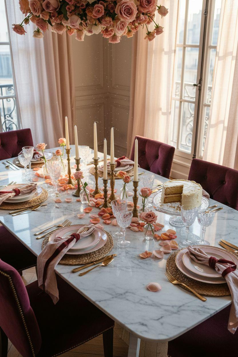 Valentine's party decorations - pink party decor with rose gold candelabras and velvet chairs