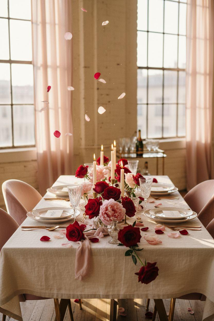 Valentine's party decorations - heart party decorations with brass bar cart and rose petals