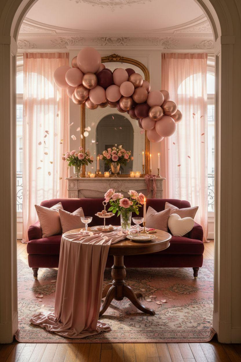 Valentine's party decorations - love theme party with burgundy settee and heart cushions