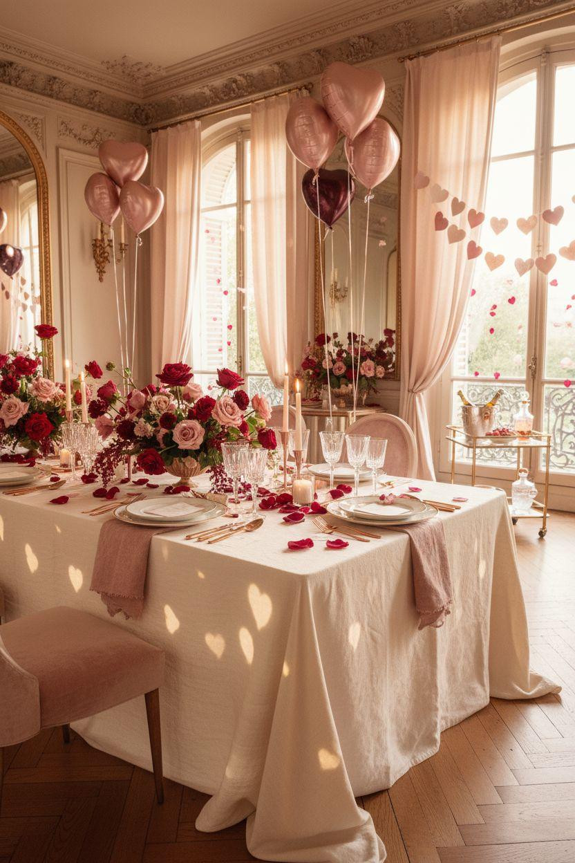 Valentine's party decorations - Valentine's party ideas with ivory linen and rose gold candelabras