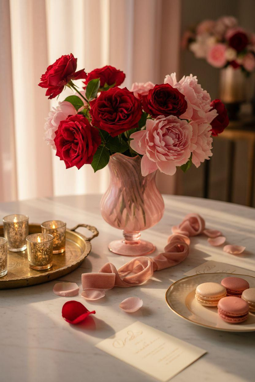 Valentine's party decorations - elegant party setup with macarons and mercury glass votives