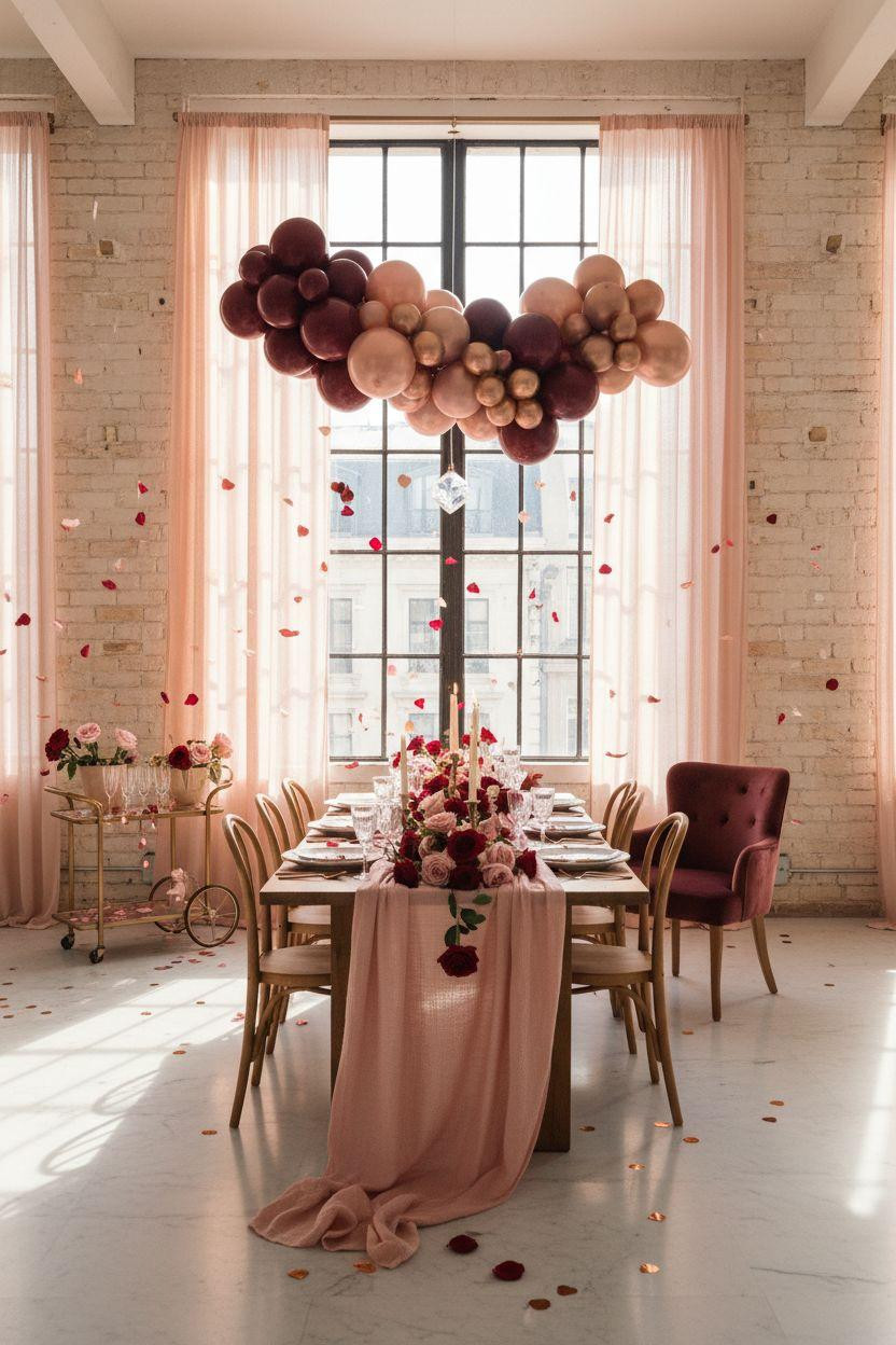 Valentine's party decorations - romantic loft setup with blush silk curtains and rose gold balloons