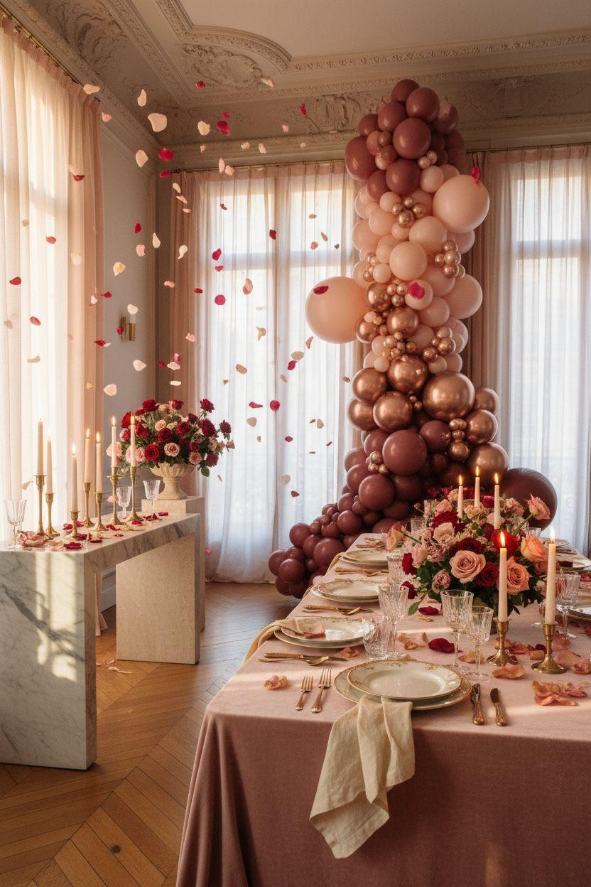 Valentine's party decorations - love party styling with buttery velvet and rose gold metallics