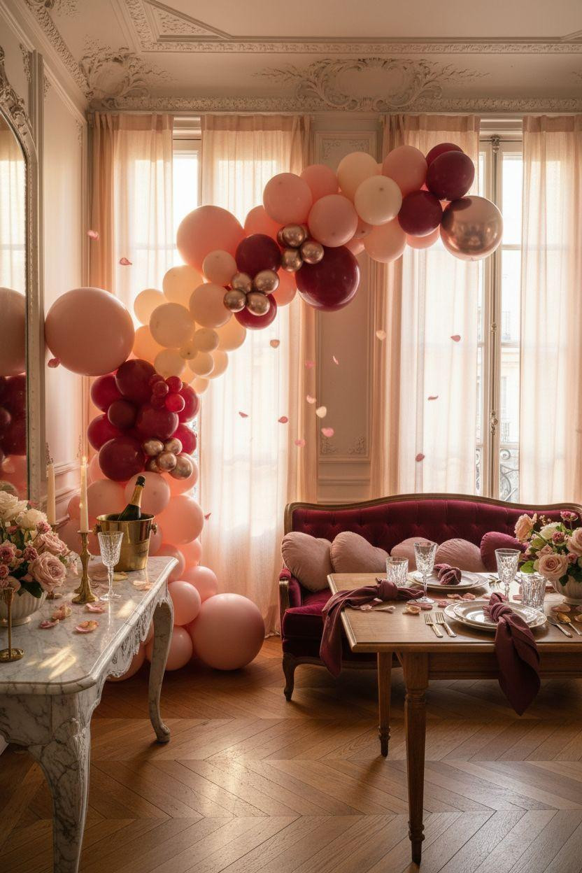 Valentine's party decorations - Valentine's bash decor with balloon arch and velvet upholstery