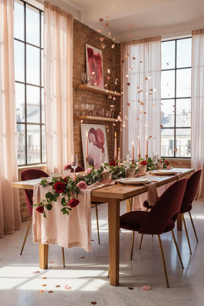 Valentine's party decorations - romantic party theme with unlacquered copper and eucalyptus garland