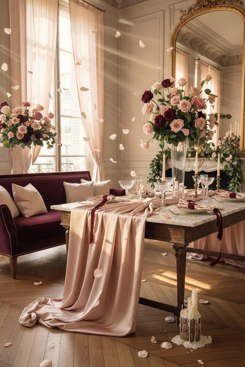 Valentine's party decorations - Valentine's celebration ideas with silk garland and mercury glass votives