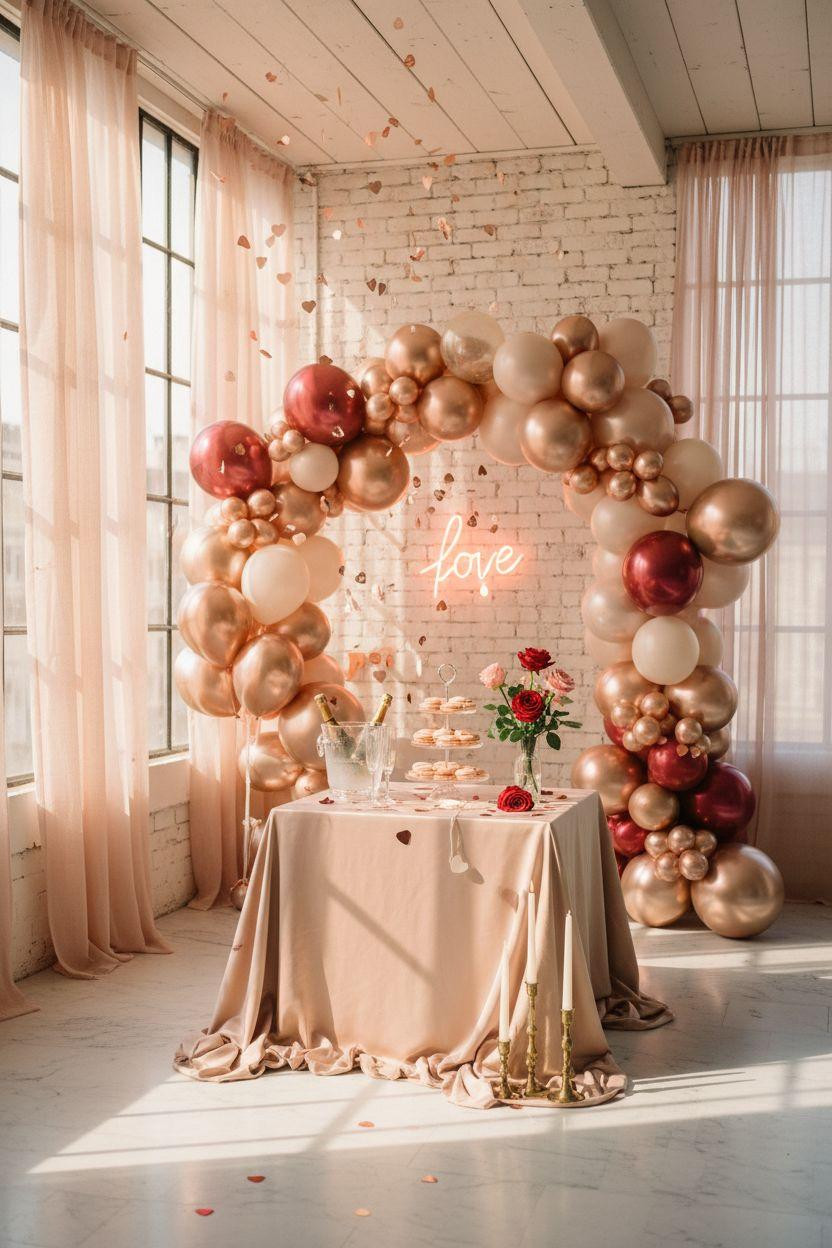 Valentine's party decorations - pink party decor with oversized balloons and silk curtains