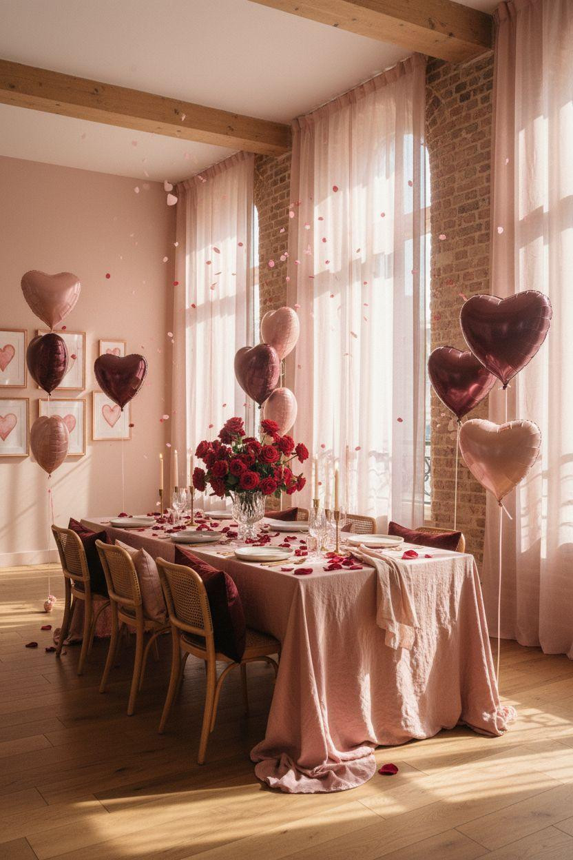 Valentine's party decorations - heart party decorations with organic balloon arch and brass candelabras