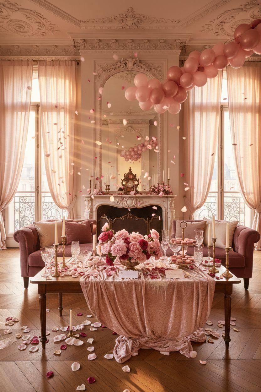 Valentine's party decorations - love theme party with heart-shaped balloons and velvet cushions