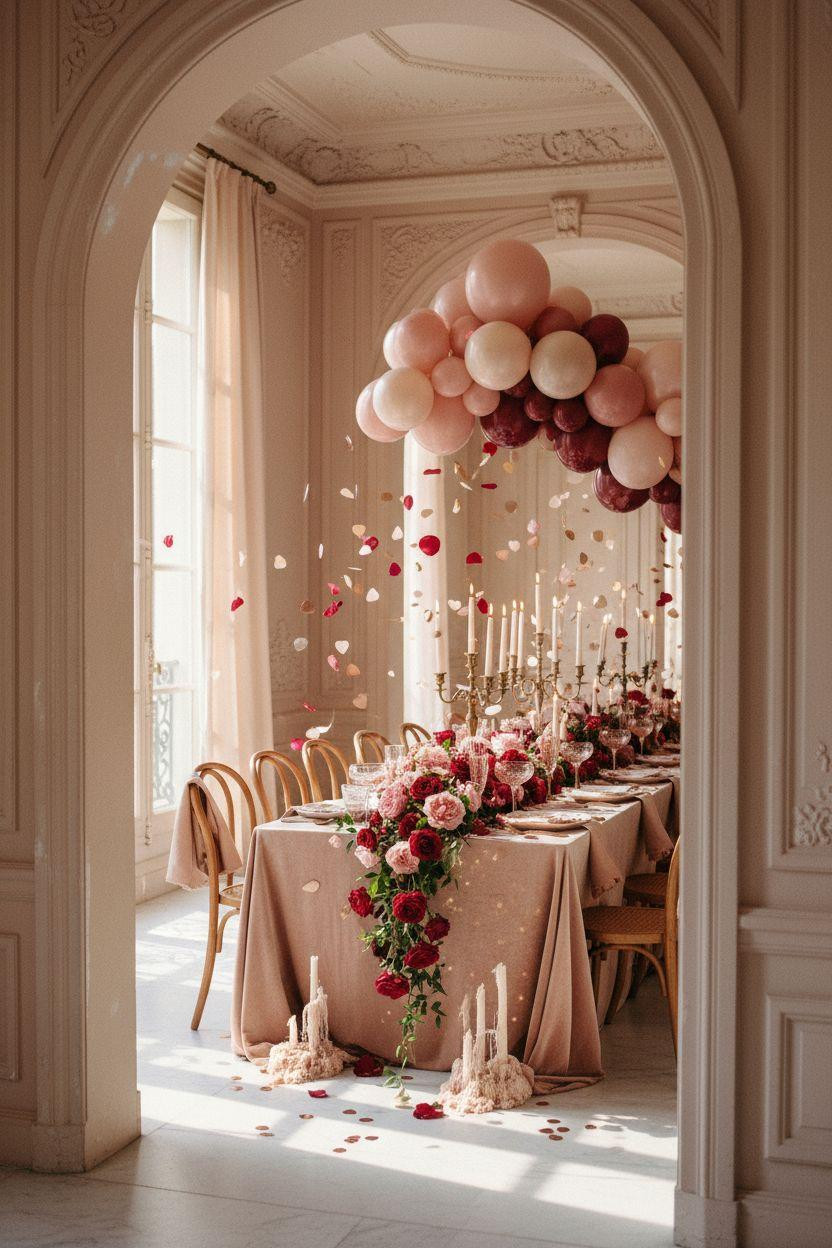 Valentine's party decorations - Valentine's party setup through arched doorway with balloon installation