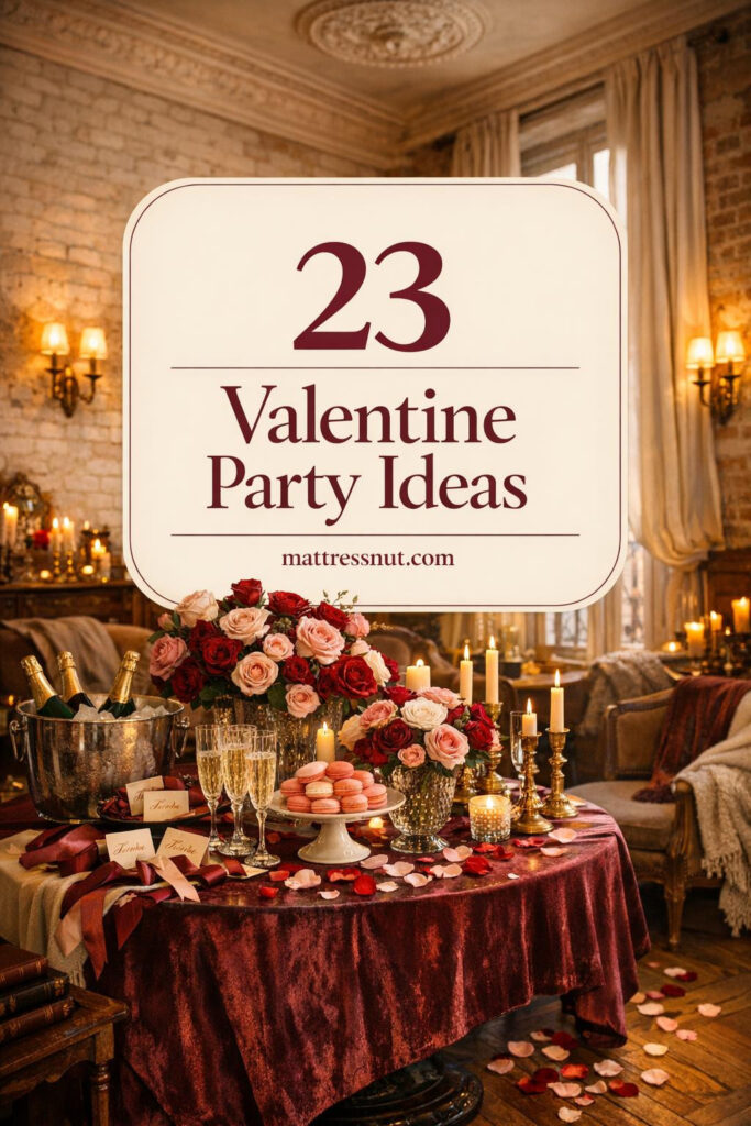 Elegant Parisian loft with burgundy velvet tablecloth, blush roses in crystal vases, champagne flutes, rose petals