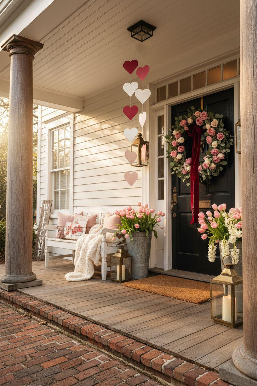 Valentine's porch decor - paper heart garlands and bench styling