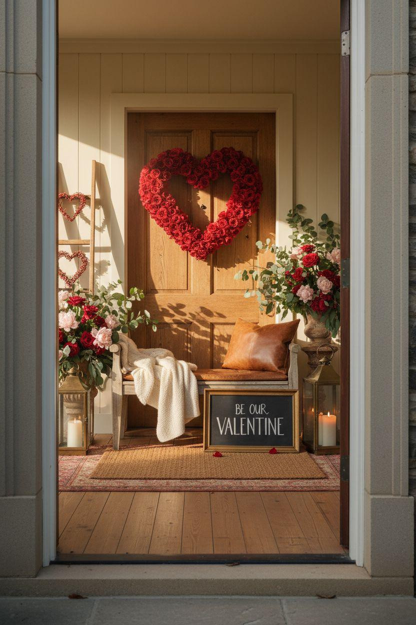 Valentine's porch decor - elegant entry with floral arrangements