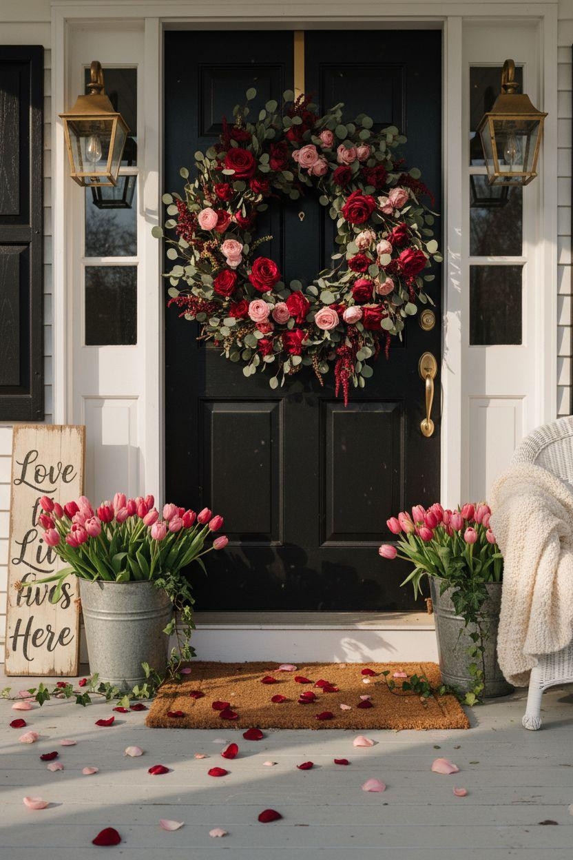 Valentine's porch decor - front door with fresh rose wreath