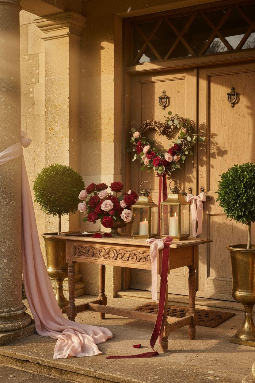 Valentine's porch decor - stone cottage with romantic florals