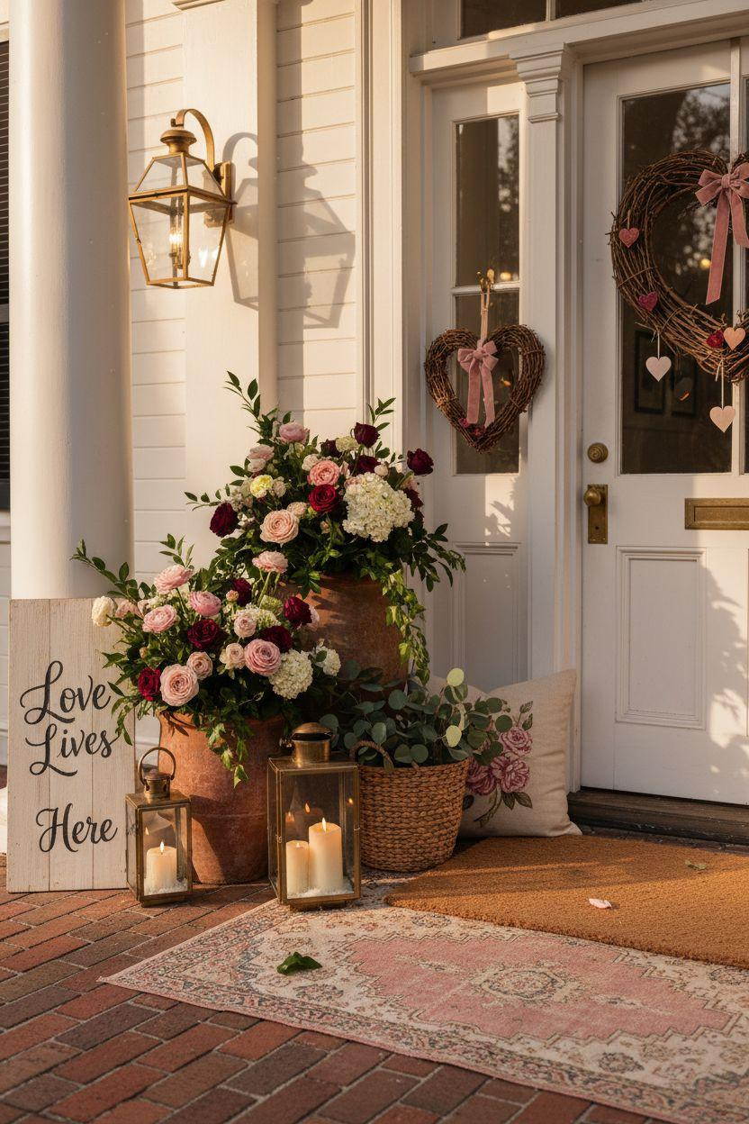 Valentine's porch decor - welcome sign and layered mats