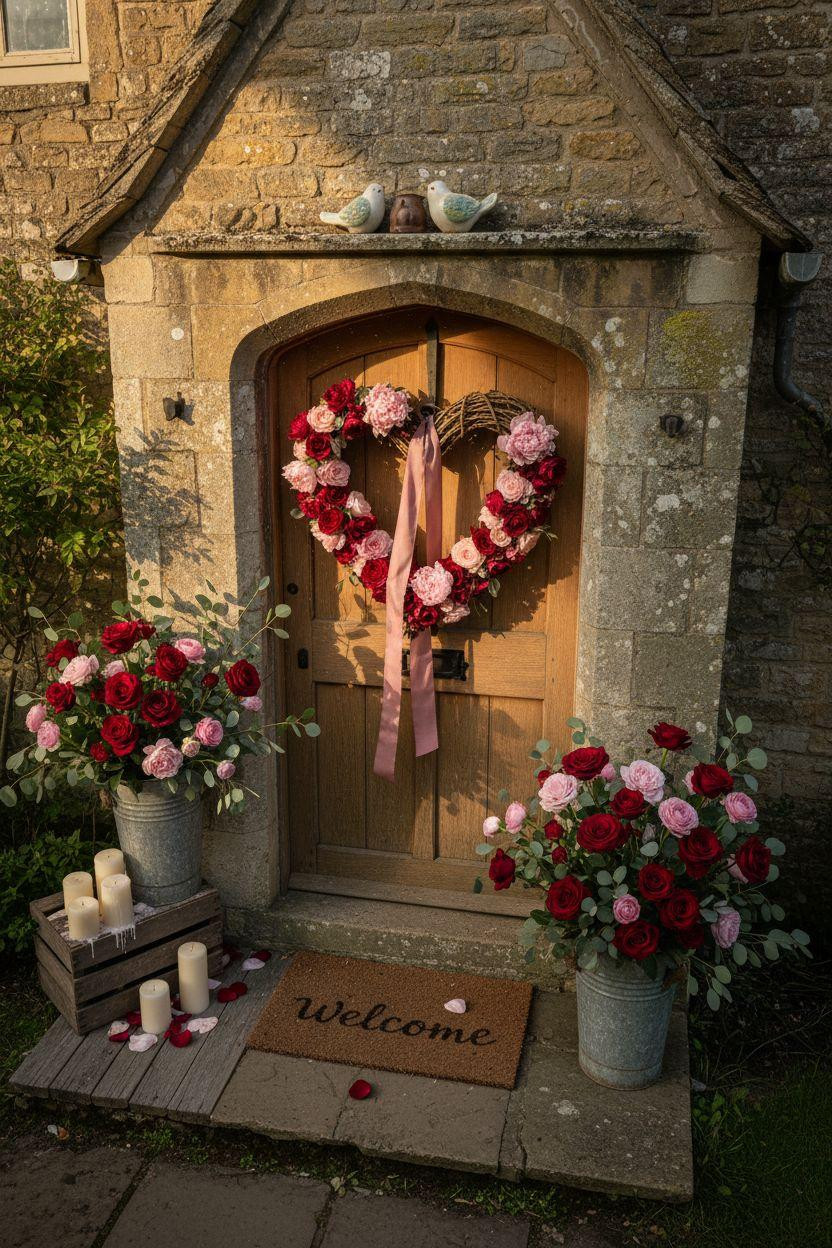 Valentine's porch decor - cottage style with natural materials