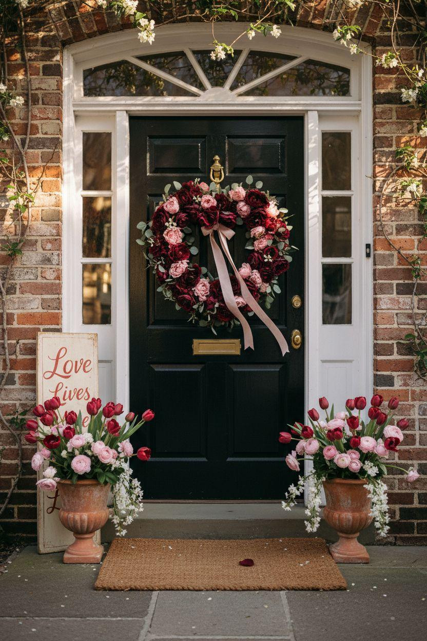 Valentine's porch decor - boxwood topiaries and heart wreath