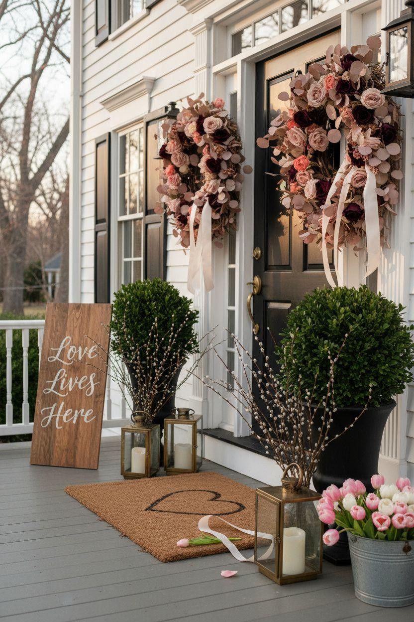 Valentine's porch decor - layered mats and brass accents