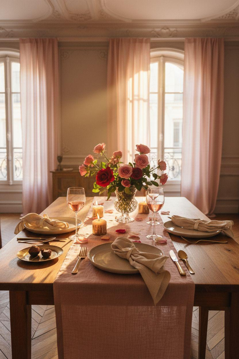 Valentine's table decor - centerpiece on walnut table with candles