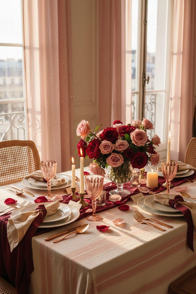 Valentine's table decor - romantic setting with crystal and silk
