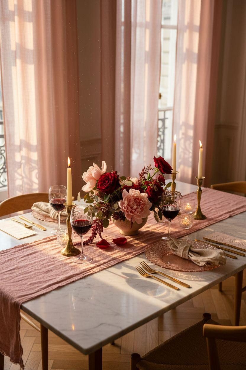 Valentine's table decor - dinner ideas with marble table and centerpiece