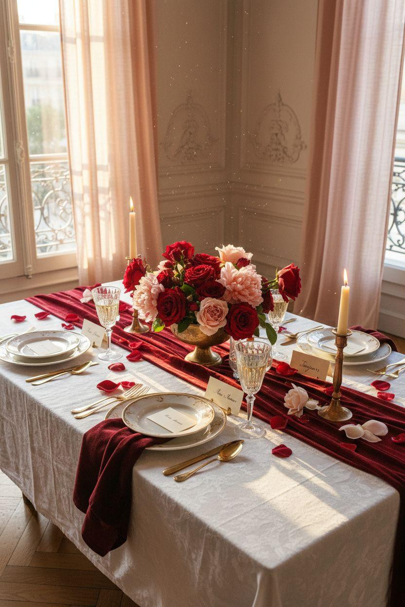 Valentine's table decor - red table with velvet runner and brass accents