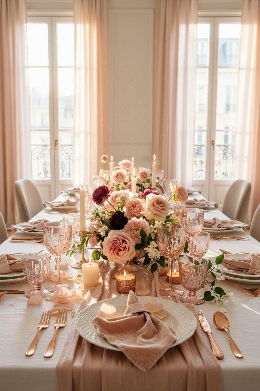 Valentine's table decor - pink table with silk runner and roses