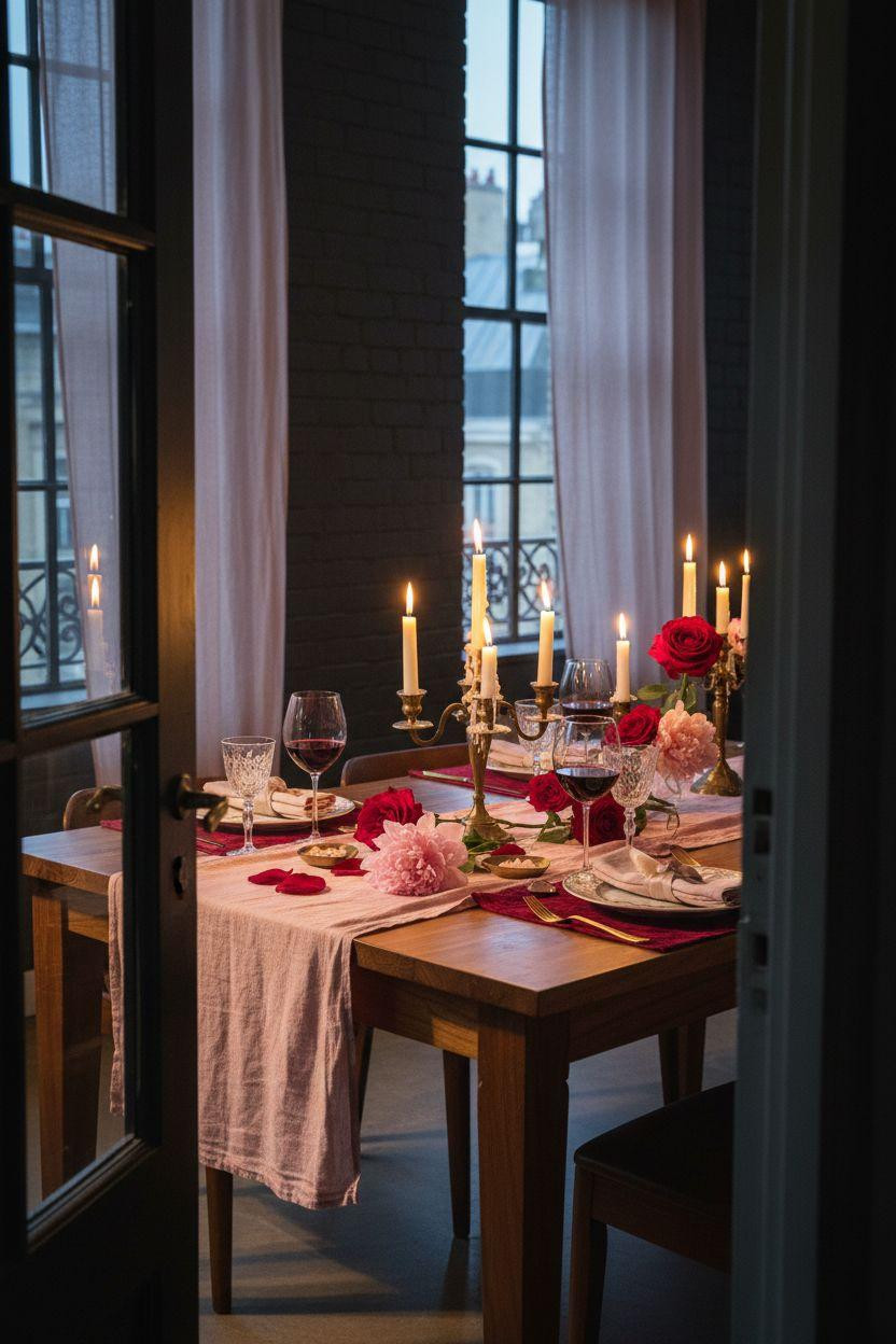 Valentine's table decor - heart theme table with velvet and brass