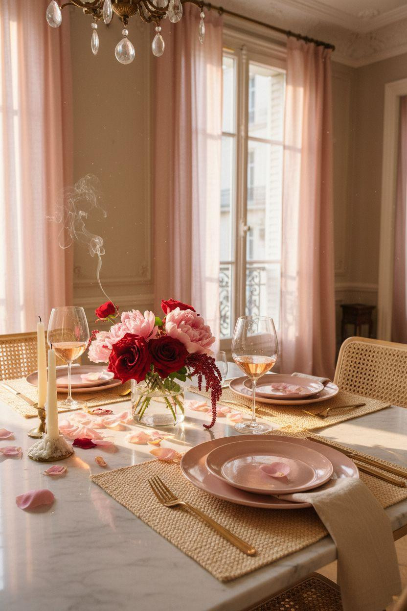 Valentine's table decor - bright tablescape with blush pink accents