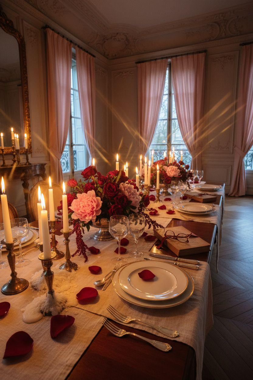 Valentine's table decor - elegant centerpiece with crimson roses and candles
