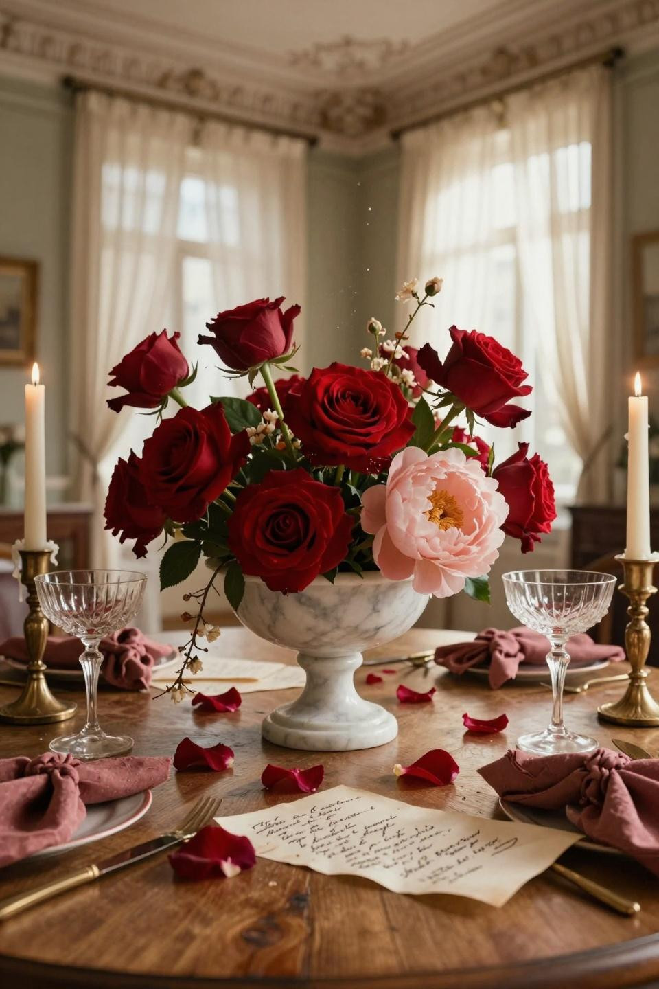 Valentines table decor featuring marble vessel and delicate vines