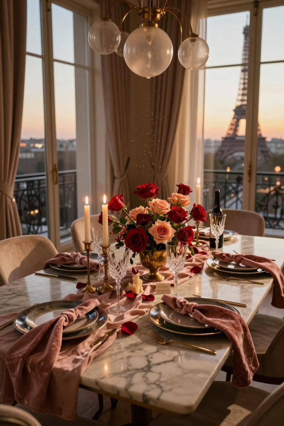 Valentines table decor with romantic cityscape backdrop