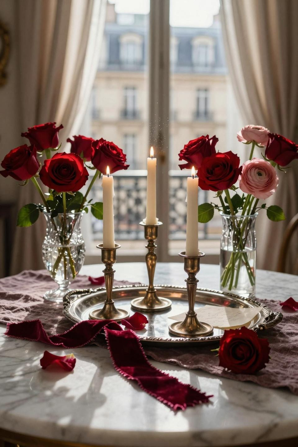 Valentines table decor featuring muted tones and metallic accents