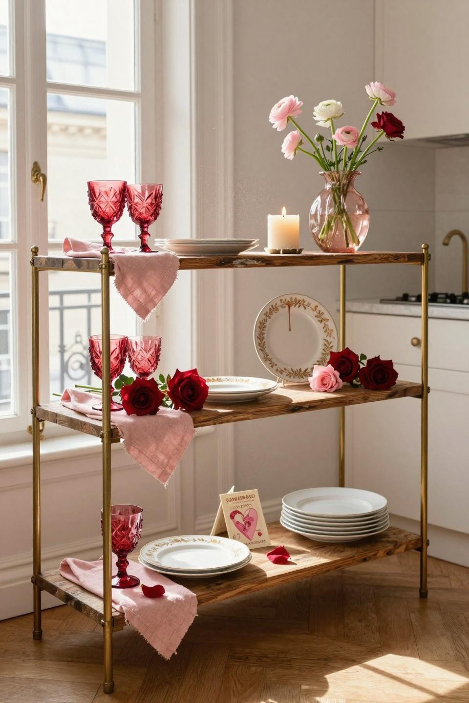 Valentines table decor styled on rustic wood shelving