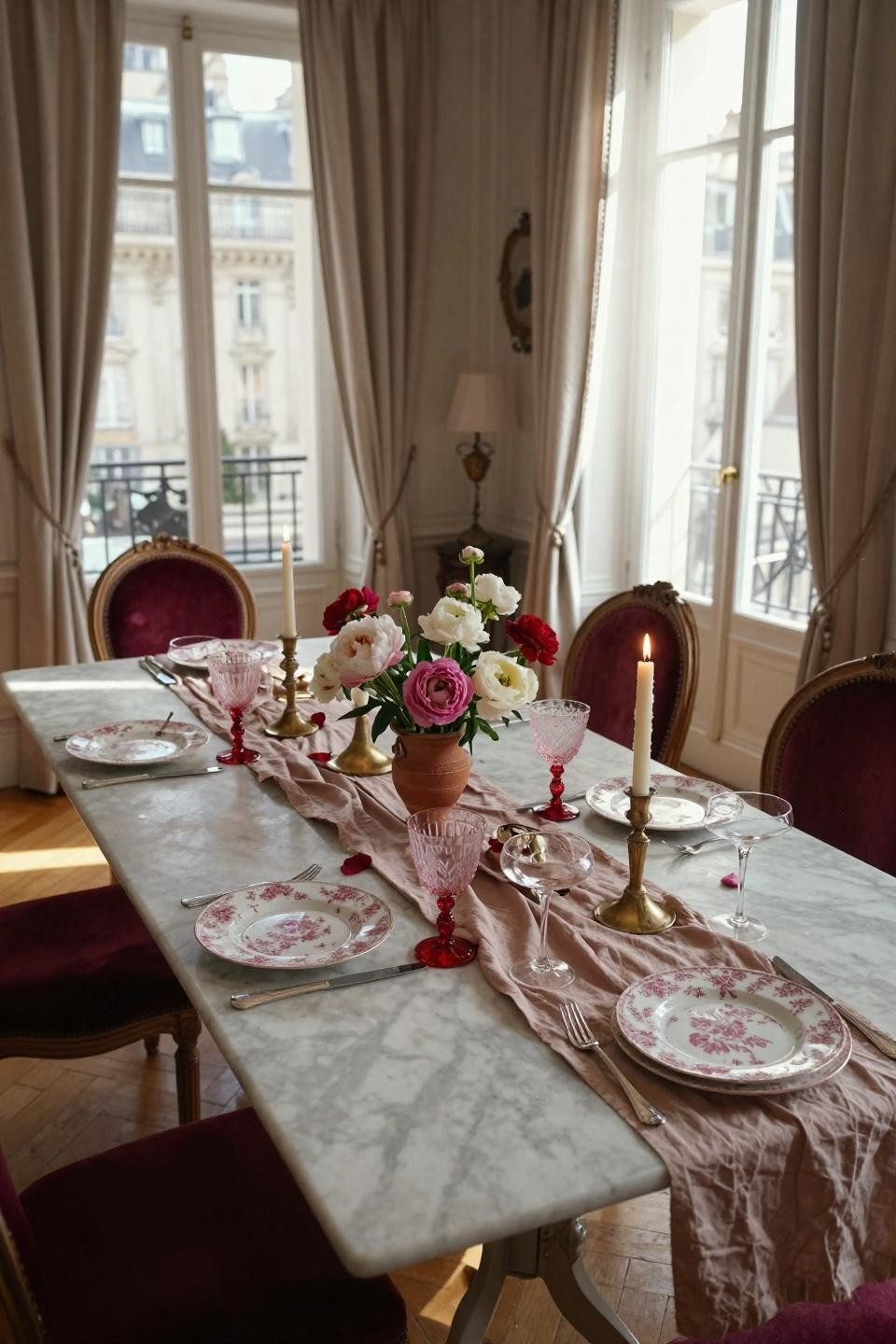 Valentines table decor on marble dining table with rose arrangements