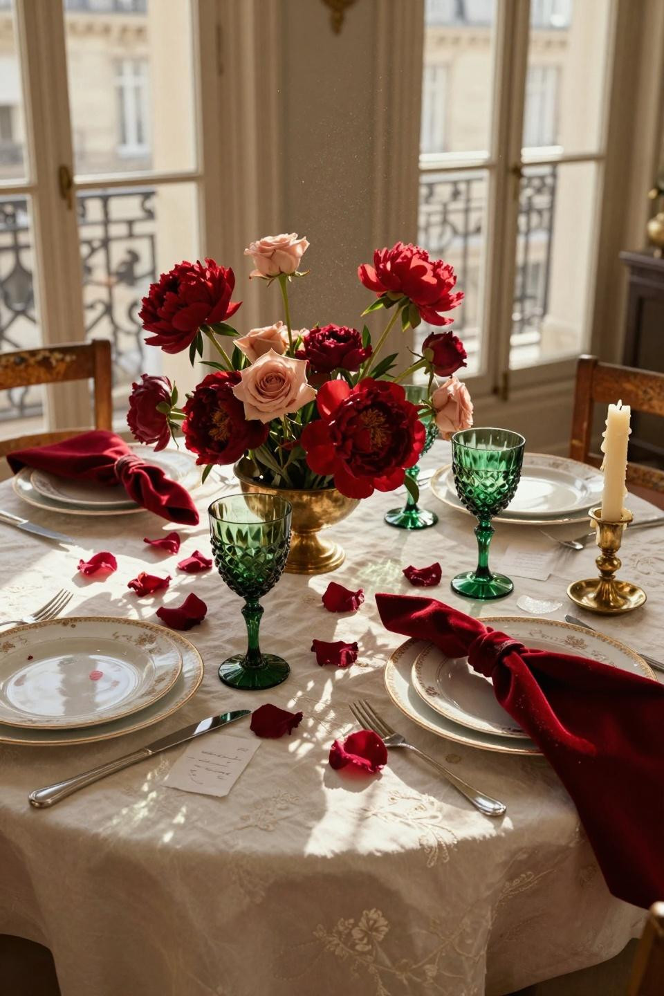 Valentines table decor featuring jewel tones and velvet napkins
