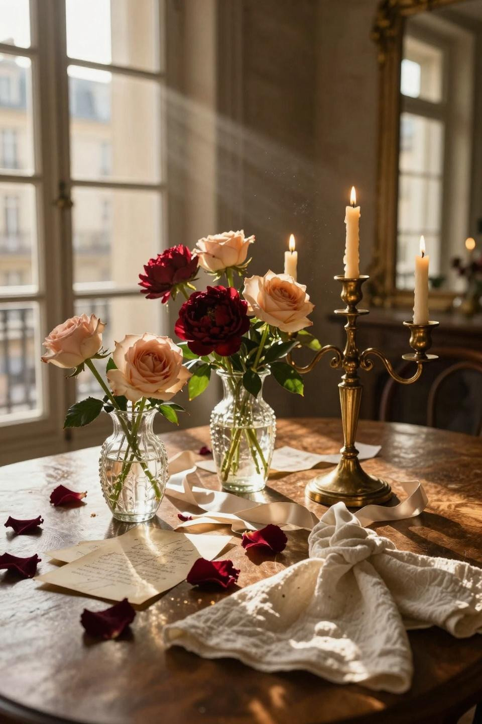 Valentines table decor with hand-blown glass and vintage candlesticks