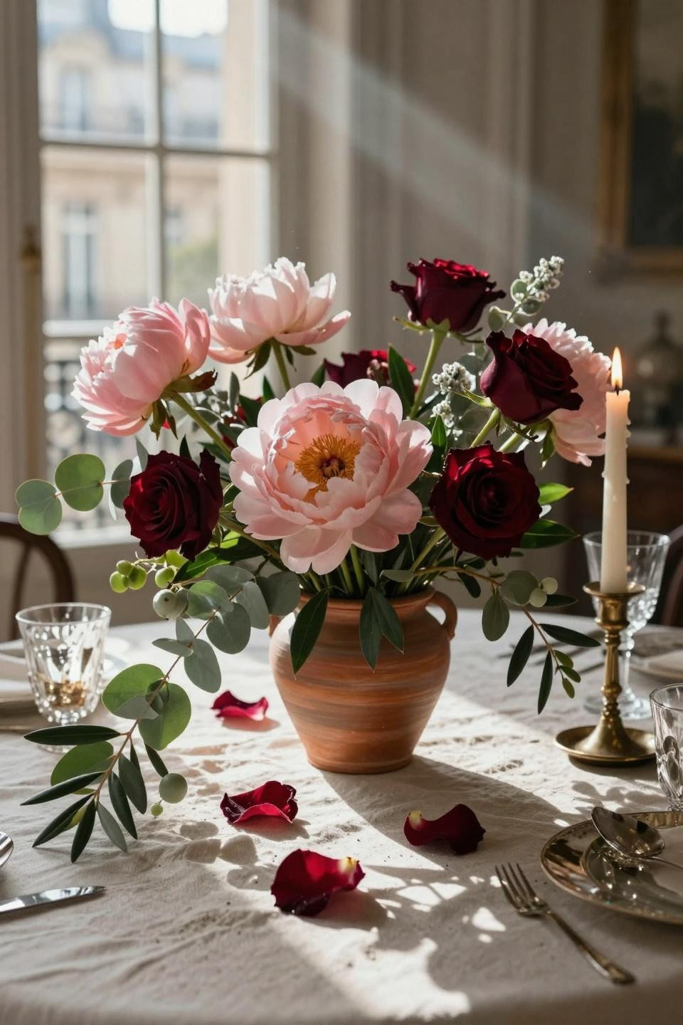 Valentines table decor closeup featuring delicate rose petals and candlelight